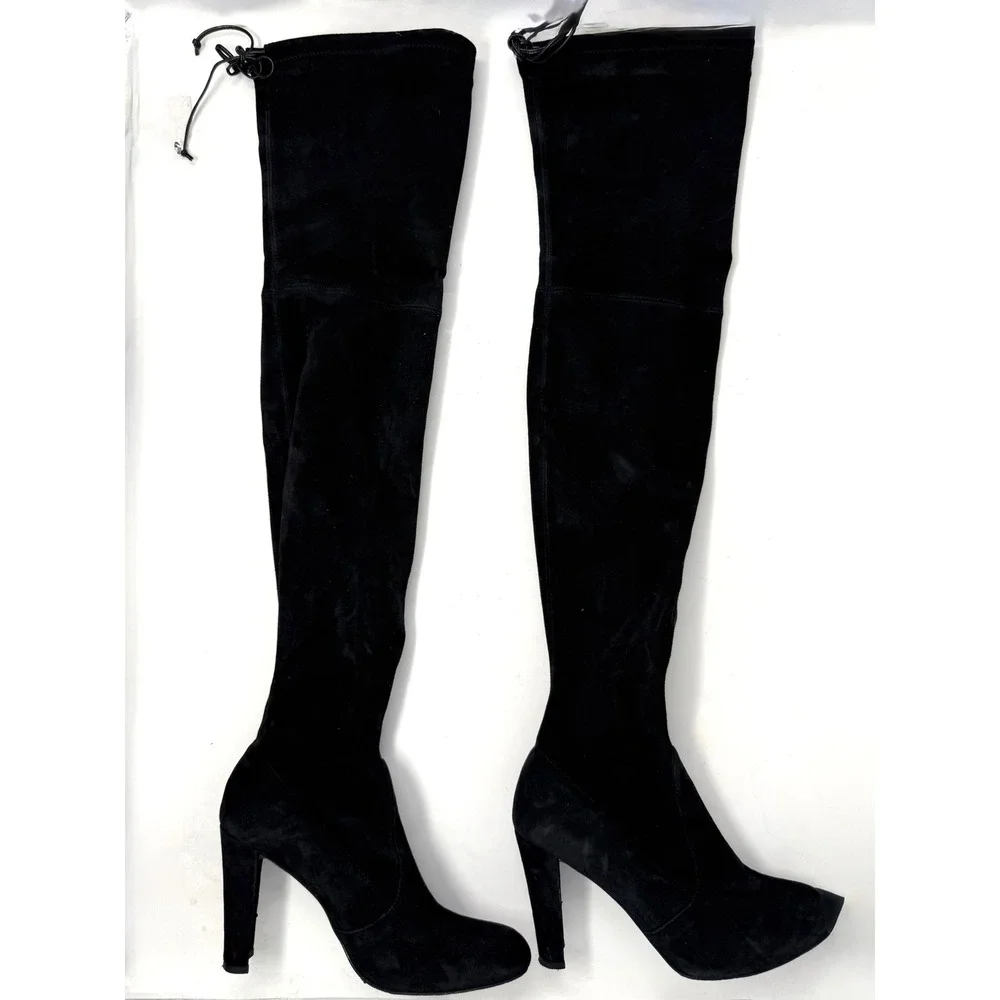 Stuart Weitzman Black Suede Over the Knee Block High Heel Boots 7.5 M 09341